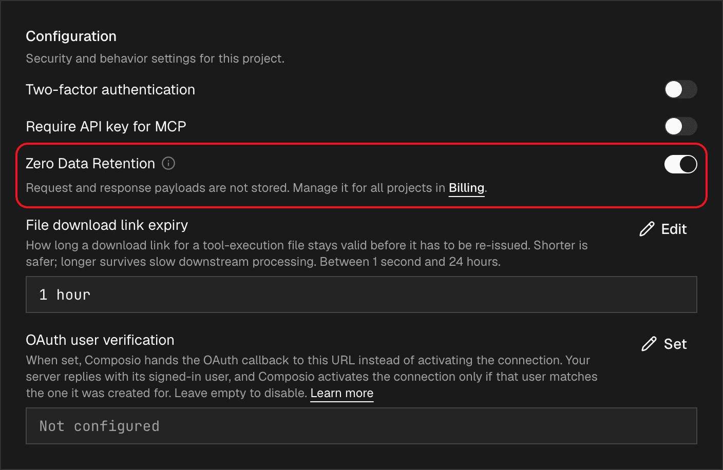 Zero Data Retention turned on in Project Settings, General