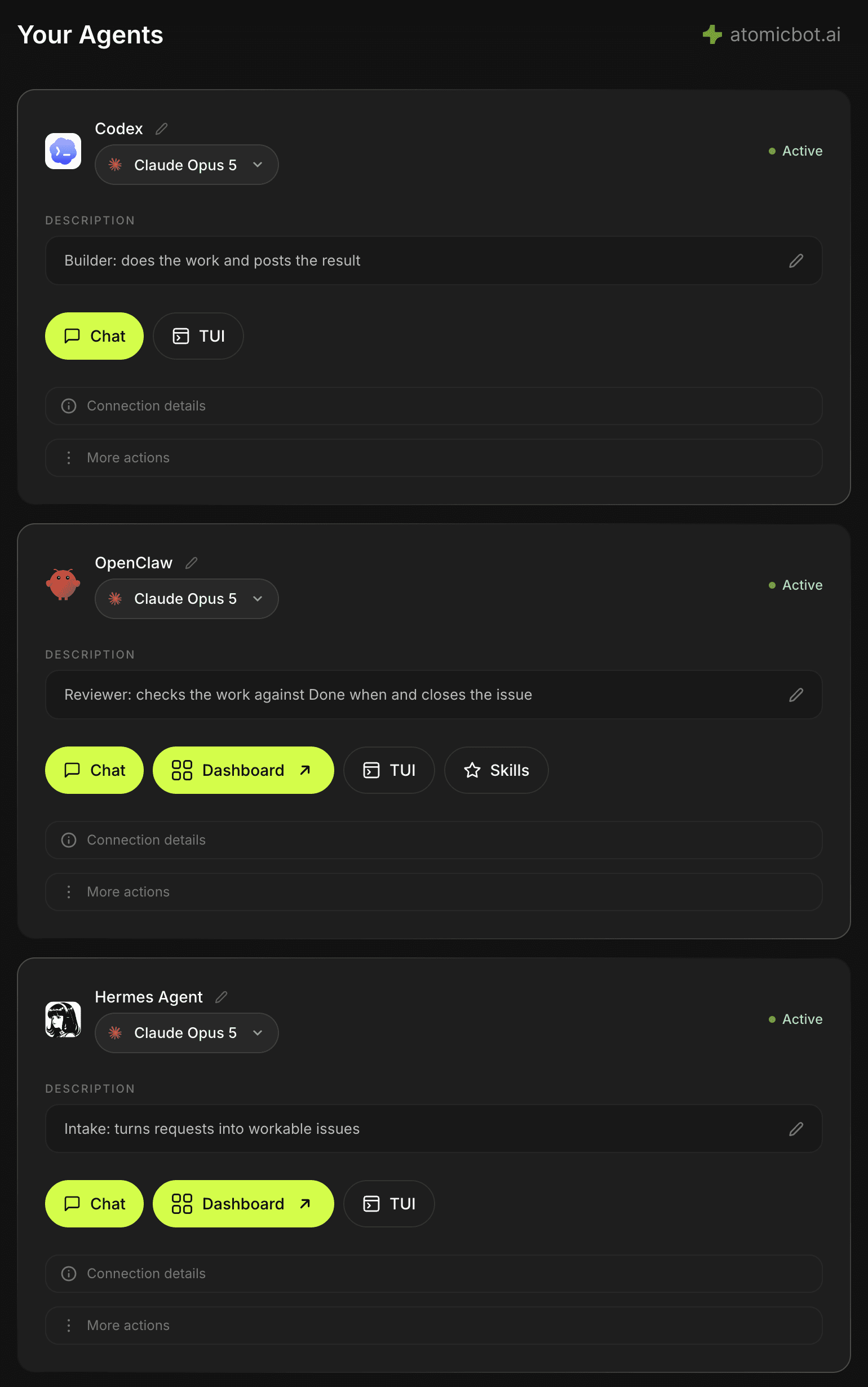Three agents listed in one Atomic Bot account