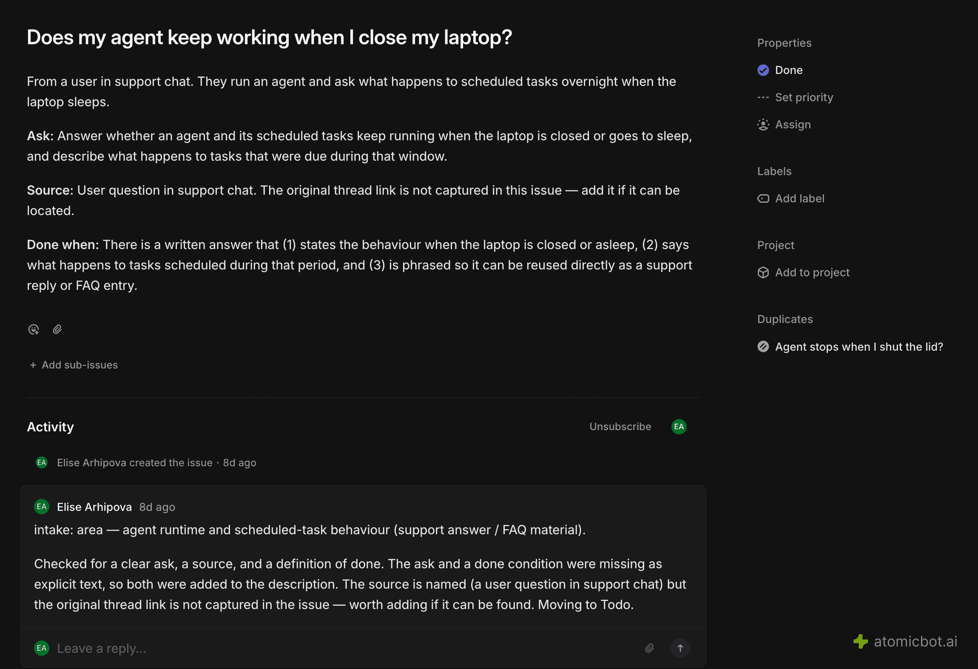 A Linear issue with an Ask, a Source and a Done when section added by the intake agent